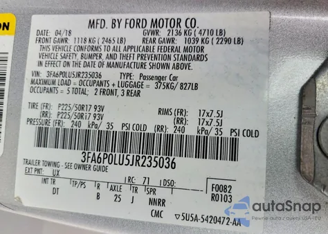 2018 Ford Fusion Se Hybrid z USA, uszkodzony, nr VIN 3FA6P0LU5JR235036